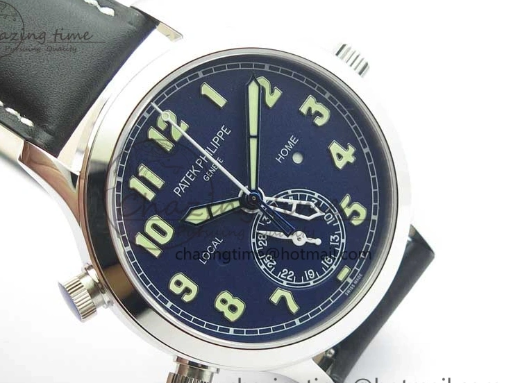 MIROTIME 0418 Practical Calatrava 5524 Pilot Travel Time SS GRF Blue Dial on Black Leather Strap A324 V 7107